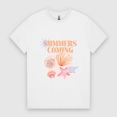 Summer’s Coming T-Shirt – Ocean & Seashell Beach Print Thumbnail